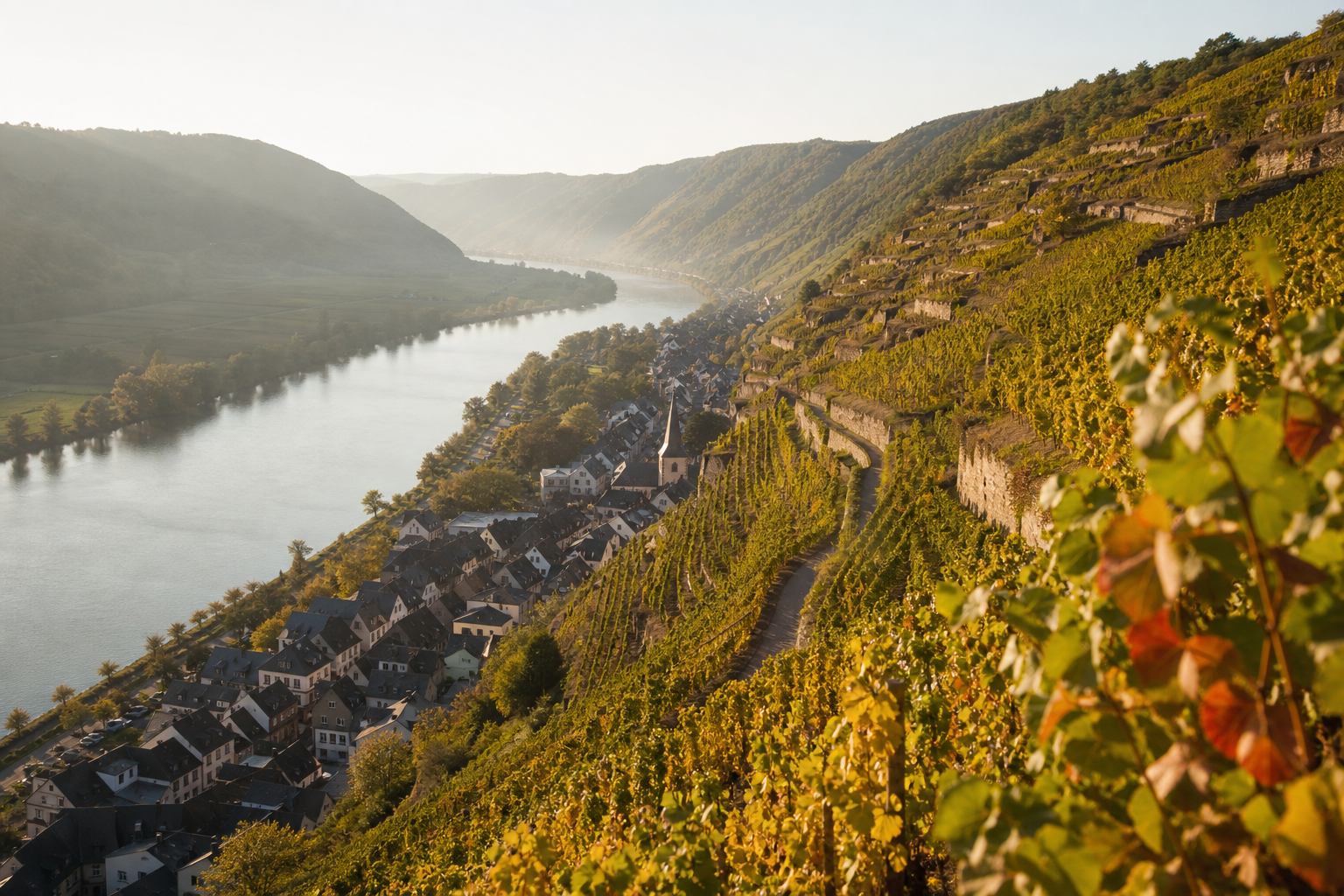 Steile Weinbergterrassen und Schieferdorf an der Mosel