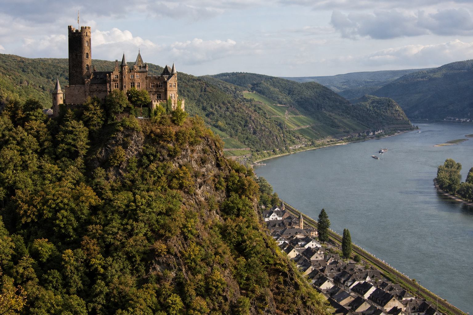 Burg über dem Rheintal mit Weinbergen und Flusslauf
