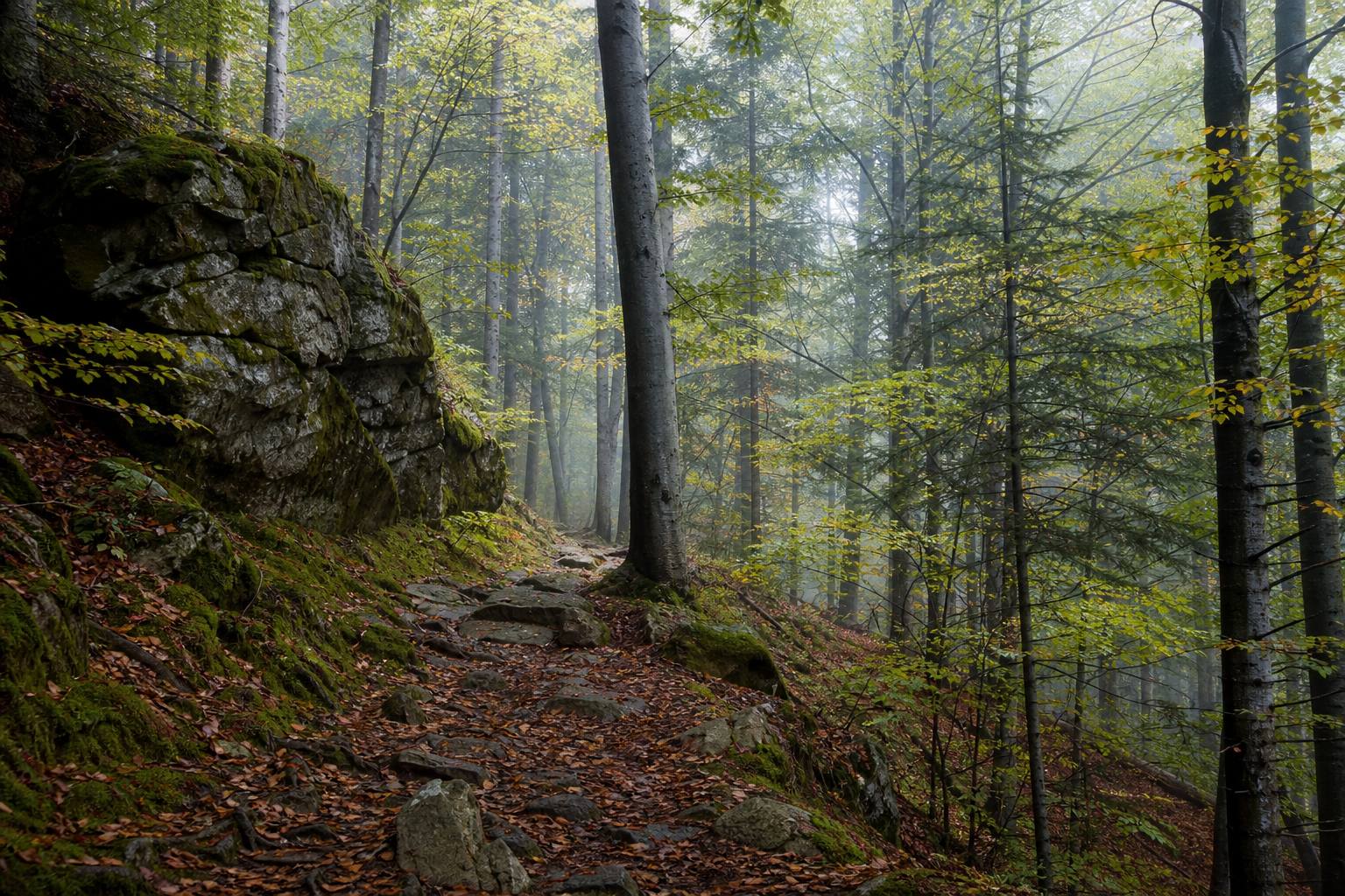 Waldweg durch Thüringer Wald und Harz mit Nebel zwischen Stämmen